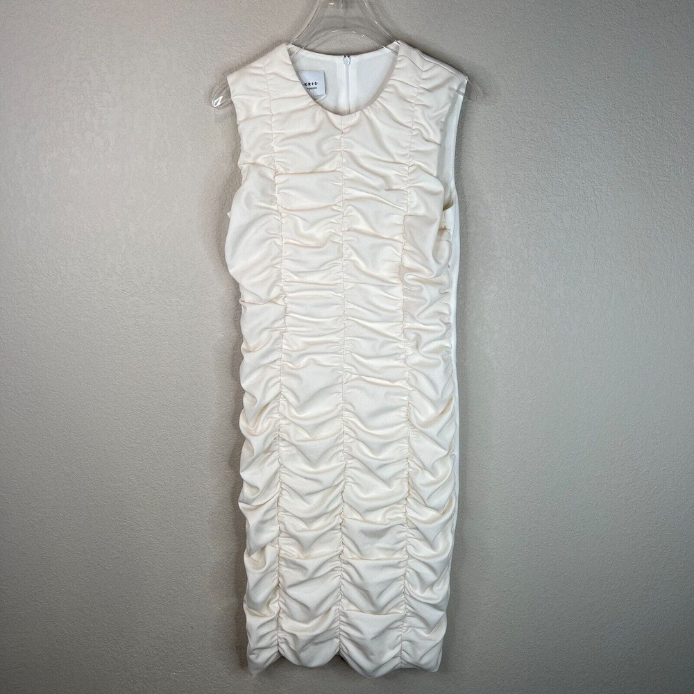 Akris Women's Ruched Front Bodycon Stretch Knit Sheath Dress Ivory‎ White 8 NWT
